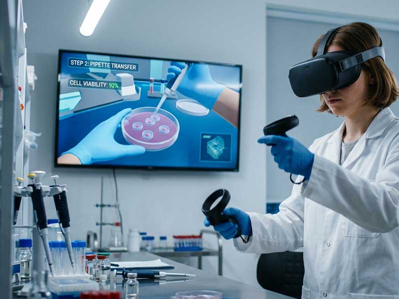 Futuristic industrial factory VR simulation interface