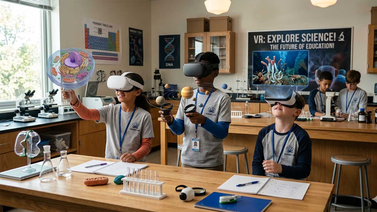 Modern VR headset on glowing table